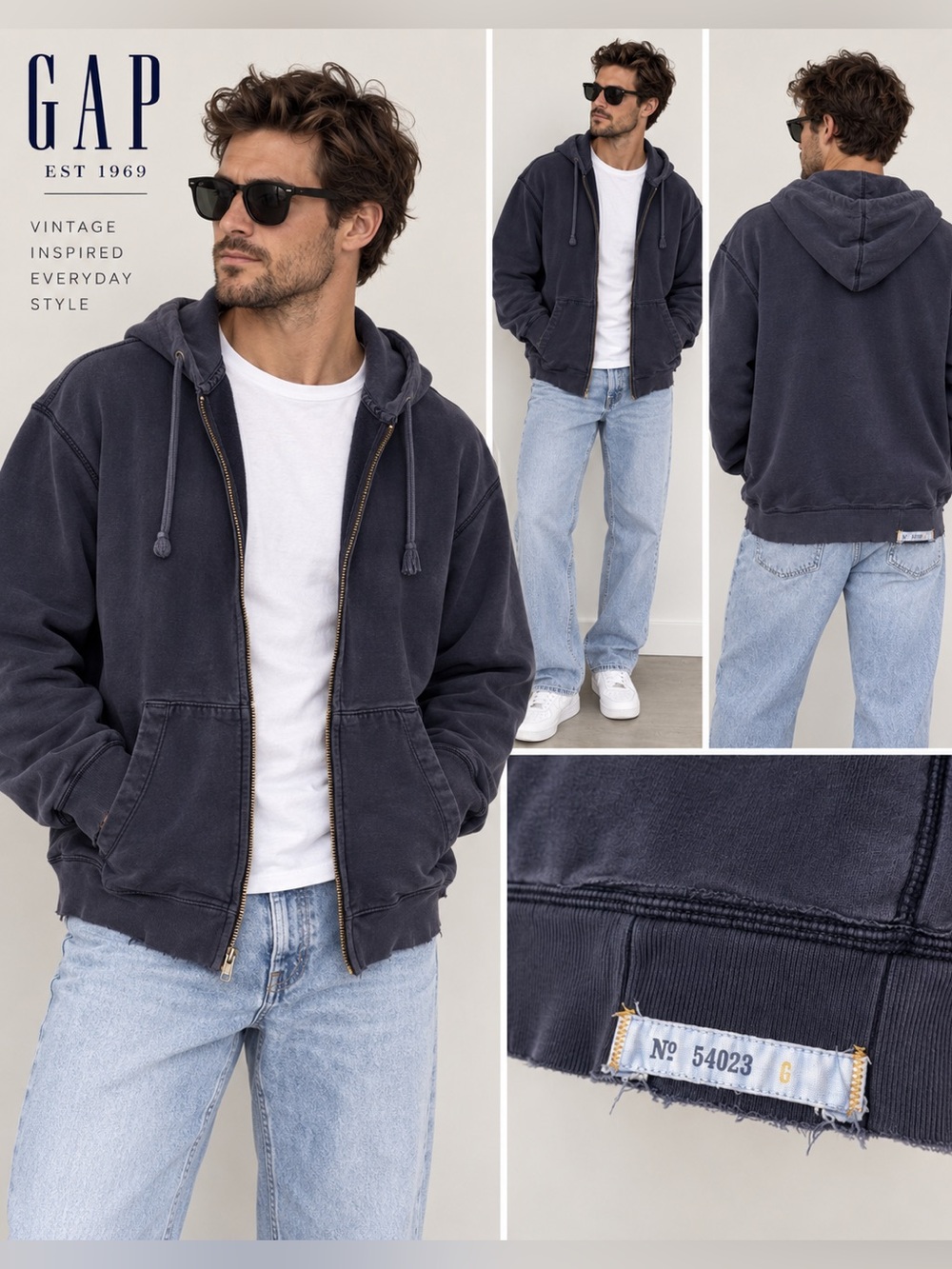 GAP XXL Distressed Faded Navy Zip Up Hoodie Y2K Grunge Streetwear